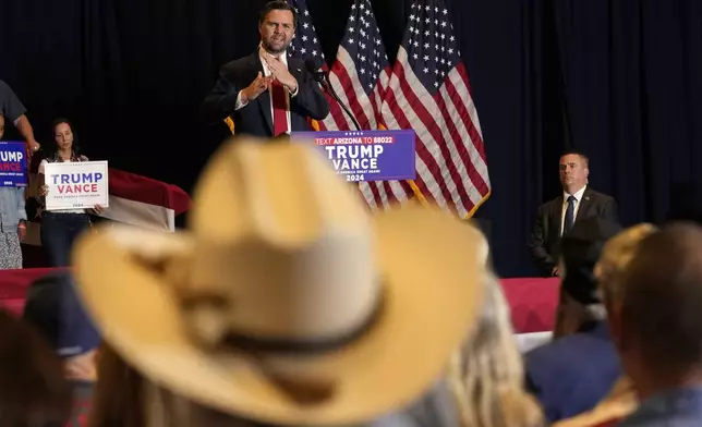 Republican vice presidential nominee Sen. JD Vance, R-Ohio, speaks at a campaign event, Thursday, Sept. 5, 2024, in Phoenix. (AP Photo/Matt York)