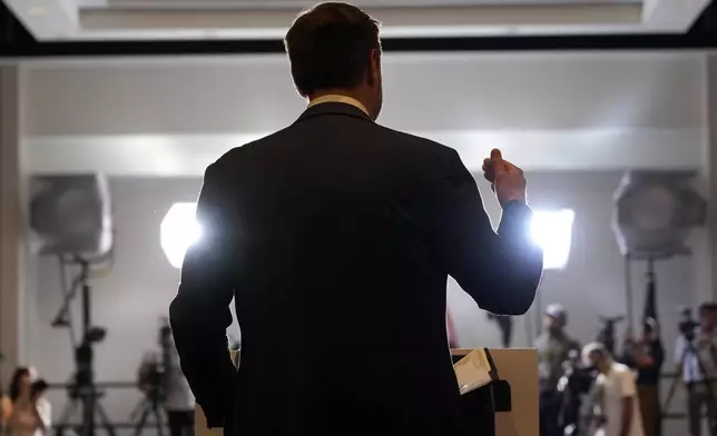 Republican vice presidential nominee Sen. JD Vance, R-Ohio, speaks at a campaign event, Thursday, Sept. 5, 2024, in Phoenix. (AP Photo/Matt York)