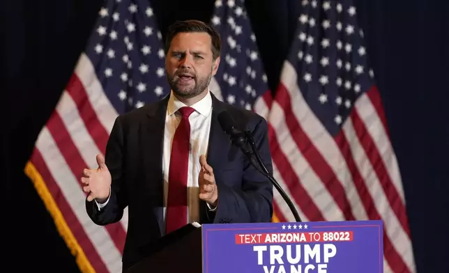 Republican vice presidential nominee Sen. JD Vance, R-Ohio, speaks at a campaign event, Thursday, Sept. 5, 2024, in Phoenix. (AP Photo/Matt York)