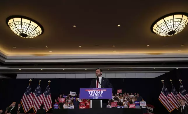 Republican vice presidential nominee Sen. JD Vance, R-Ohio, speaks at a campaign event, Thursday, Sept. 5, 2024, in Phoenix. (AP Photo/Matt York)