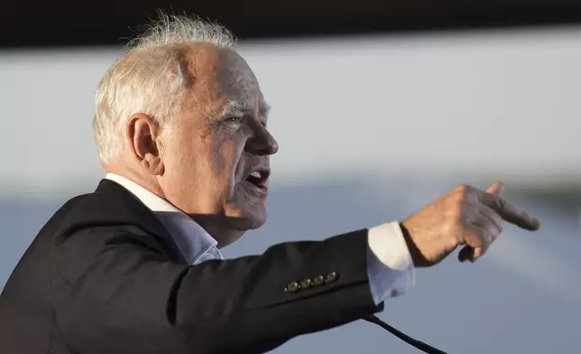 Democratic vice presidential nominee Minnesota Gov. Tim Walz speaks at a rally along the waterfront, Thursday, Sept. 5, 2024, in Erie, Pa. (Glen Stubbe/Star Tribune via AP)