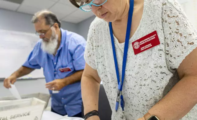 Dawn Stephens, right, and Duane Taylor prepare ballots to be mailed at the Mecklenburg County Board of Elections in Charlotte, N.C., Thursday, Sept. 5, 2024. (AP Photo/Nell Redmond)