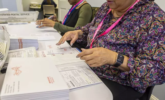 Cristo Carter, right, and Carol Hamilton put ballots in envelopes at the Mecklenburg County Board of Elections in Charlotte, N.C., Thursday, Sept. 5, 2024. (AP Photo/Nell Redmond)