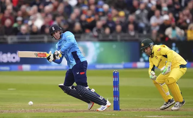 England's Harry Brook in action during the fifth one day international match between England and Australia, at the Seat Unique Stadium, Bristol, England, Sunday, Sept. 29, 2024. (Adam Davy/PA via AP)