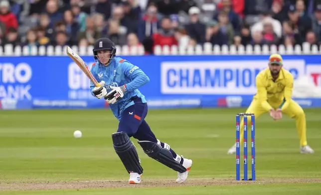 England's Harry Brook in action during the fifth one day international match between England and Australia, at the Seat Unique Stadium, Bristol, England, Sunday Sept. 29, 2024. (Adam Davy/PA via AP)