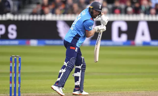 England's Phil Salt in action during the fifth one day international match between England and Australia, at the Seat Unique Stadium, Bristol, England, Sunday Sept. 29, 2024. (Adam Davy/PA via AP)