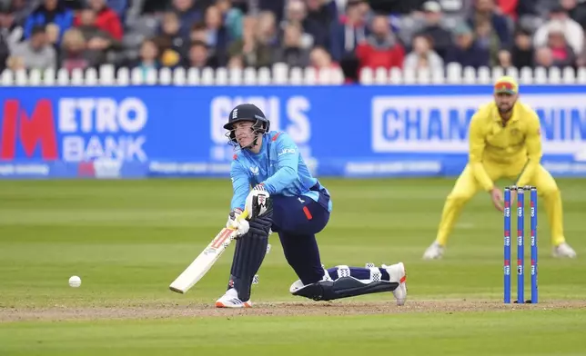 England's Harry Brook hits a four during the fifth one day international match between England and Australia, at the Seat Unique Stadium, Bristol, England, Sunday Sept. 29, 2024. (Adam Davy/PA via AP)