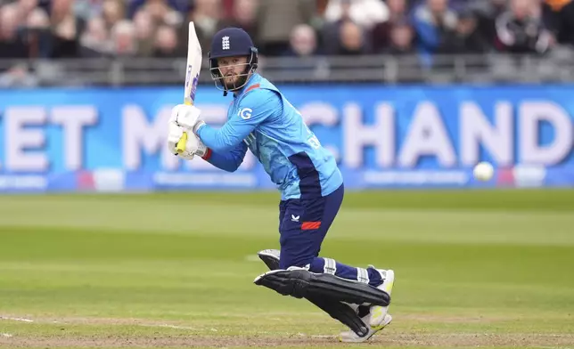 England's Ben Duckett in action during the fifth one day international match between England and Australia, at the Seat Unique Stadium, Bristol, England, Sunday, Sept. 29, 2024. (Adam Davy/PA via AP)