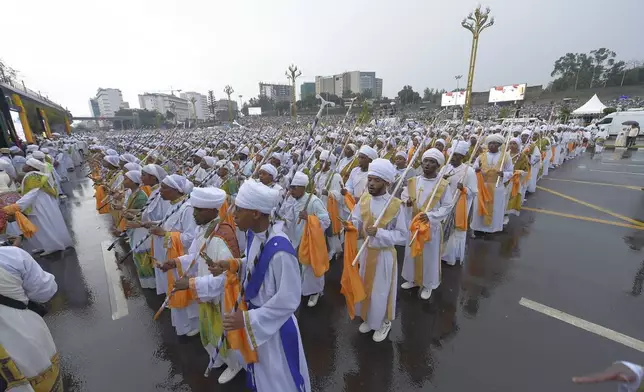 Religious leaders and Ethiopians celebrate Meskel, meaning the Cross in Amharic, is an annual religious holiday among Orthodox in Addis Ababa, Ethiopia Thursday, Sept. 26, 2024. (AP Photo)