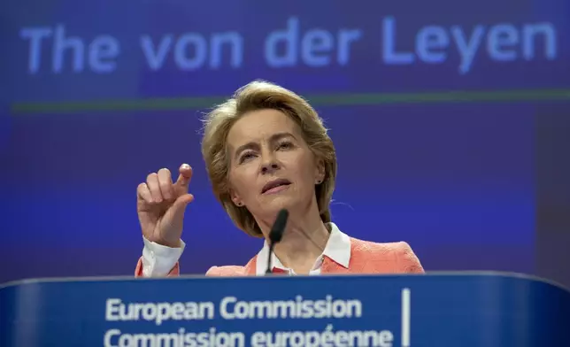 File - Incoming European Commission President Ursula von der Leyen addresses a media conference at EU headquarters in Brussels, Tuesday, Sept. 10, 2019. (AP Photo/Virginia Mayo, File)