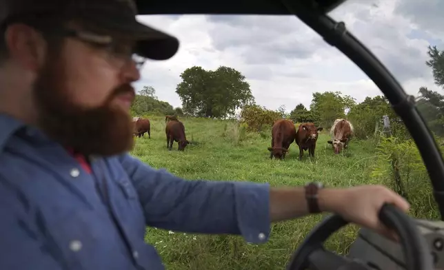 Presbyterian pastor Lee Scott drives through the pastures of his family farm in Butler, Pa., on Friday, Sept. 6, 2024. (AP Photo/Jessie Wardarski)