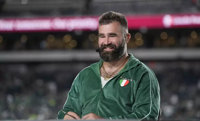 Former Philadelphia Eagles player Jason Kelce sits on the NFL ESPN Monday Night Football before an NFL football game between the Eagles and the Atlanta Falcons on Monday, Sept. 16, 2024, in Philadelphia. (AP Photo/Matt Rourke)