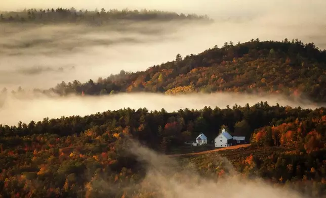 FILE - Valley fog wafts through the autumn-colored hills near the Picket Hill Farm, Wednesday morning, Oct. 13, 2021, in Denmark, Maine. (AP Photo/Robert F. Bukaty, File)