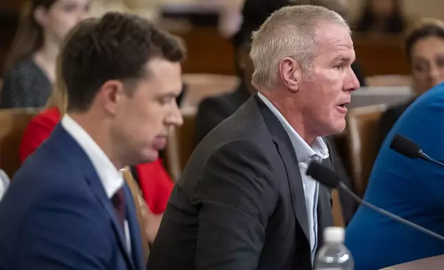 Former NFL quarterback Brett Favre appears before the House Committee on Ways and Means on Capitol Hill, Tuesday, Sept. 24, 2024, in Washington. (AP Photo/Mark Schiefelbein)