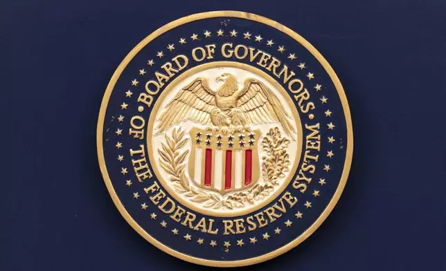 FILE - The seal of The Federal Reserve System is seen during a news conference by Federal Reserve Board Chairman Jerome Powell at the Federal Reserve Board Building on July 31, 2024, in Washington. (AP Photo/Jose Luis Magana, File)