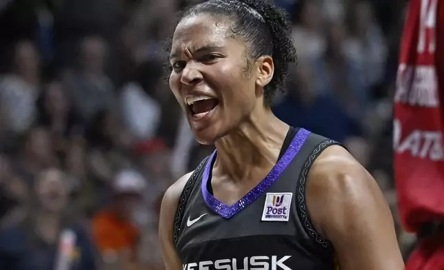 Connecticut Sun forward Alyssa Thomas reacts during the second half in Game 2 of a first-round WNBA basketball playoff series against the Indiana Fever, Wednesday, Sept. 25, 2024, in Uncasville, Conn. (AP Photo/Jessica Hill)