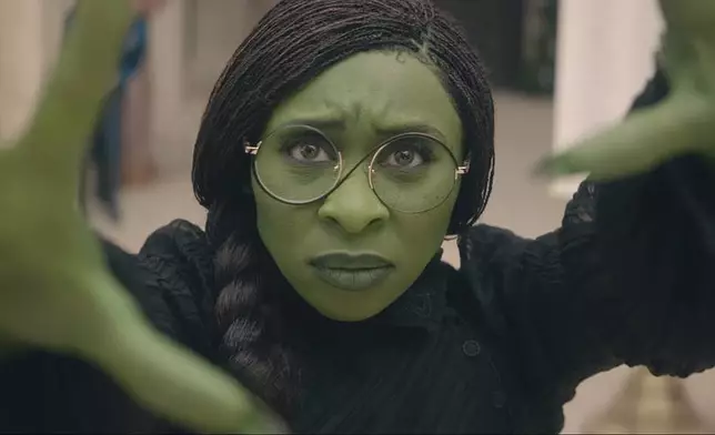 This image released by Universal Pictures shows Cynthia Erivo as Elphaba in the film "Wicked." (Universal Pictures via AP)