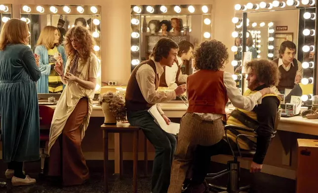 This image released by Sony Pictures shows, from left, Kim Matula, as Jane Curtain, Emily Fairn, as Laraine Newman, Gabriel LaBelle, as Lorne Michaels, Rachel Sennott, as Rosie Shuster, and Matt Wood, as John Belushi. (Hopper Stone/Sony Pictures Entertainment via AP)