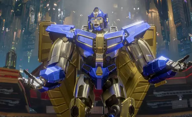 This image released by Paramount Pictures shows character Sentinel Prime, voiced by Jon Hamm, in a scene from "Transformers One." (Paramount Pictures via AP)