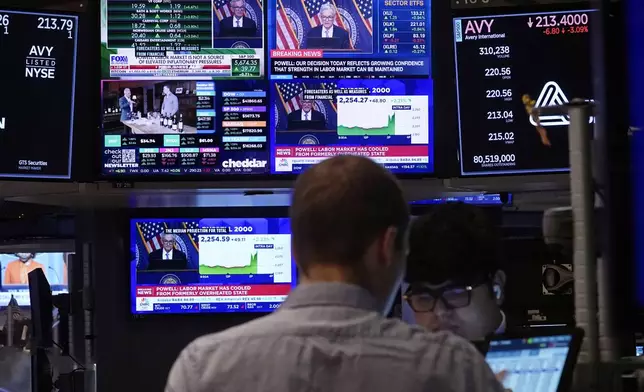 The news conference of Federal Reserve Chair Jerome Powell appears on television screens on the floor of the New York Stock Exchange, Wednesday, Sept. 18, 2024. (AP Photo/Richard Drew)