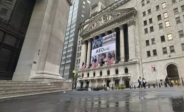 The New York Stock Exchange, with a banner for American Eagle Outfitters, is shown on Tuesday, Sept. 17, 2024, in New York. (AP Photo/Peter Morgan)