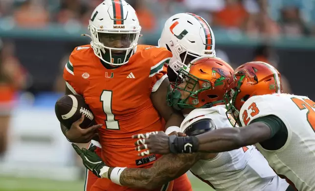 Miami quarterback Cam Ward (1) is defended by Florida A&amp;M defensive back Simion Hines, center, and defensive lineman Allen Smith Jr. (23) during the first half of an NCAA football game, Saturday, Sept. 7, 2024, in Miami Gardens, Fla. (AP Photo/Lynne Sladky)