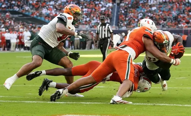 Florida A&amp;M running back Thad Franklin Jr. (23) is stopped short of the goal line by Miami linebacker Francisco Mauigoa, center, during the first half of an NCAA football game, Saturday, Sept. 7, 2024, in Miami Gardens, Fla. (AP Photo/Lynne Sladky)