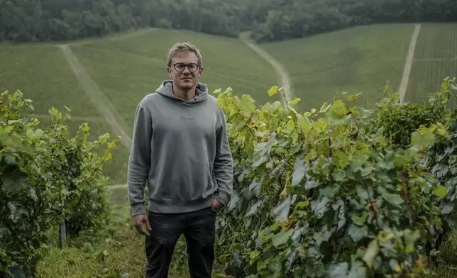 David Lavantureux, 39, co-owner of Domaine Lavantureux, is photographed at the property, Wednesday, Sept. 25, 2024, in Chablis, Burgundy region, France, Wednesday, Sept. 25, 2024. (AP Photo/Aurelien Morissard)