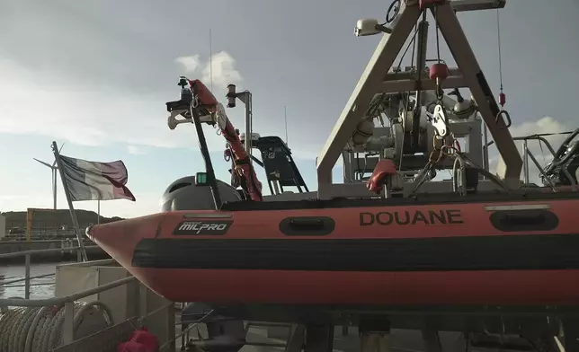 FILE - A view of one of the vessels from the French Gendarmerie Nationale in the port of Boulogne-Sur-Mer, France, Tuesday, Sept. 3, 2024, after participating in the rescue operation after a boat carrying migrants ripped apart attempting to cross the English Channel. (AP Photo/Nicolas Garriga, File)