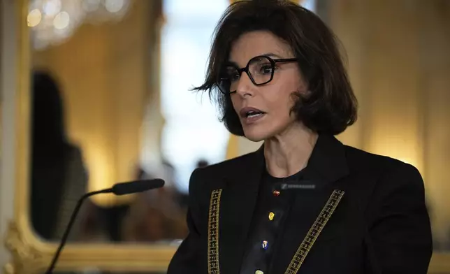 French Culture Minister Rachida Dati delivers a speech after she awarded Naomi Campbell with the medal of "Chevalier de l'Ordres des Arts et des Lettres", at the Culture ministry, in Paris, Thursday, Sept. 26, 2024. (AP Photo/Louise Delmotte)