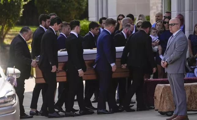 The remains of Columbus Blue Jackets hockey player John Gaudreau his and his brother Matthew's funeral at St. Mary Magdalen Catholic Church in Media, Pa., Monday, Sept. 9, 2024. (AP Photo/Matt Rourke)