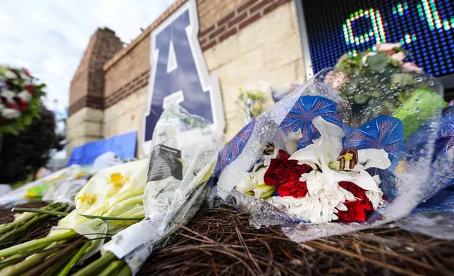 A memorial is seen at Apalachee High School after the Wednesday school shooting, Saturday, Sept. 7, 2024, in Winder, Ga. (AP Photo/Mike Stewart)