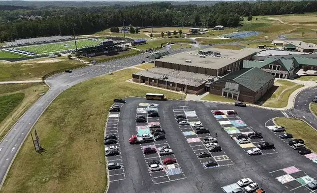 Apalachee High School and its football stadium are seen a day after a mass shooting occured at the school, Thursday, Sept. 5, 2024, in Winder, Ga. (AP Photo/Mike Stewart)