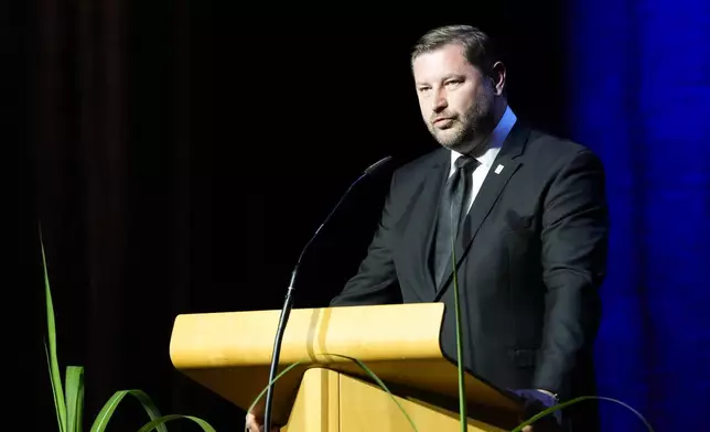 The Mayor of Solingen Tim Kurzbach speaks during a commemoration service for the victims of a knife attack that killed three people last week, in Solingen, Germany, Sunday, Sept. 1, 2024. (AP Photo/Michael Probst, Pool)