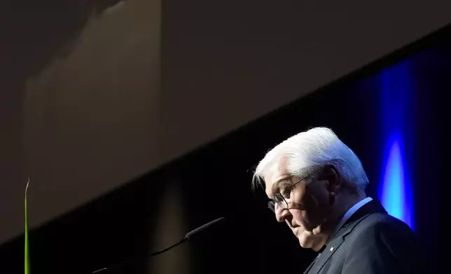 German President Frank-Walter Steinmeier speaks during a commemoration service for the victims of a knife attack that killed three people last week, in Solingen, Germany, Sunday, Sept. 1, 2024. (AP Photo/Michael Probst, Pool)