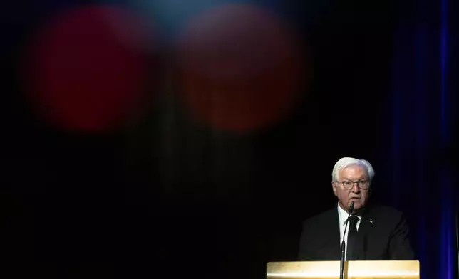 German President Frank-Walter Steinmeier speaks during a commemoration service for the victims of a knife attack that killed three people last week, in Solingen, Germany, Sunday, Sept. 1, 2024. (AP Photo/Michael Probst, Pool)