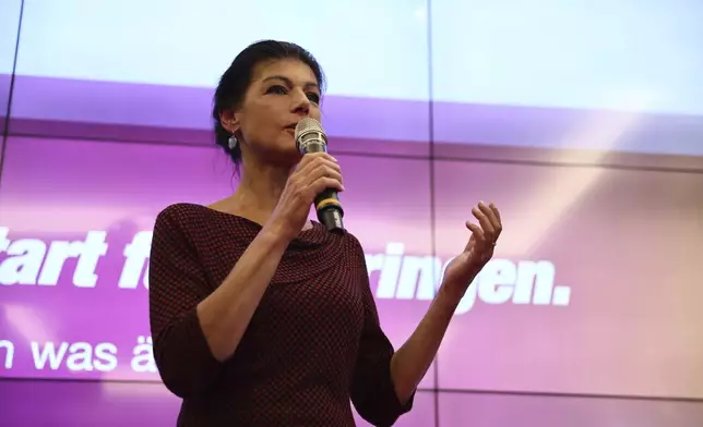 BSW party chairwoman Sahra Wagenknecht speaks at the BSW election party after the first exit polls for the state elections in Thuringia and Saxony are released, in Erfurt, Germany, Sunday, Sept. 1, 2024. (Christoph Soeder/dpa via AP) Christoph Soeder/dpa via AP)