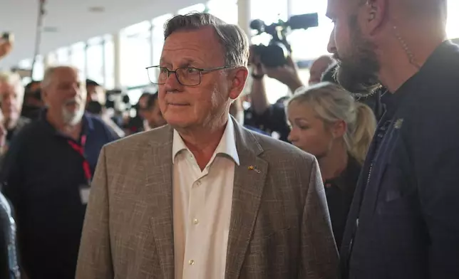 Bodo Ramelow (Die Linke), waits for results on the state elections in Thuringia and Saxony, in Erfurt, Germany, Sunday, Sept. 1, 2024. (Michael Kappeler/dpa via AP)