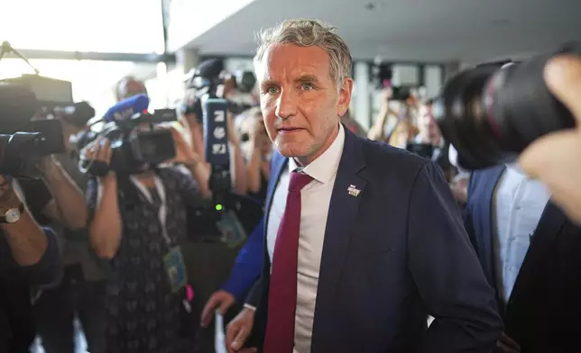 Bjorn Hecke (AfD) after the publication of the first forecasts for the state election in Saxony and Thuringia, in Erfurt, Germany, Sunday Sept. 1, 2024.. (Michael Kappeler/dpa via AP)