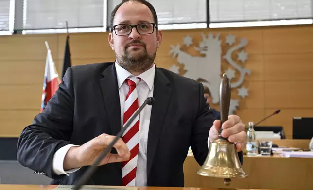 Christian Democratic Union's Thadäus König, as the new state parliament president, attends during the constituent session of the Thuringian state parliament in Erfurt, Germany Saturday, Sept. 28, 2024. (Martin Schutt/dpa via AP)