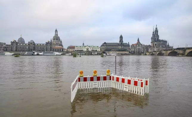 Barriers stand on the Elbe meadows flooded by the Elbe river in Dresden, Germany, Tuesday, Sept. 17, 2024. (Robert Michael/dpa via AP)