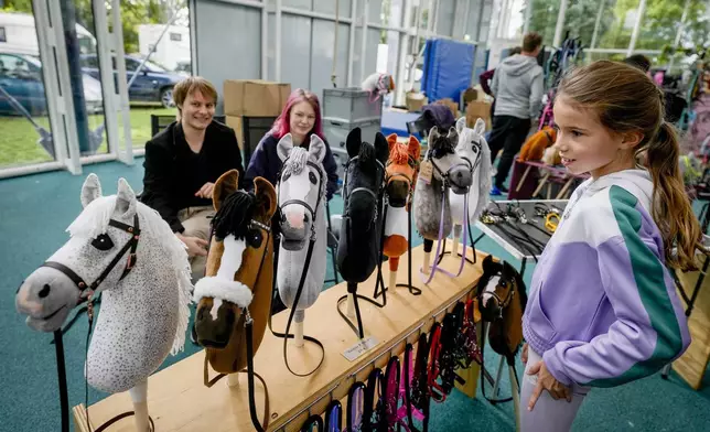 A vendor offers hobby horses for sale at the first German Hobby Horsing Championship in Frankfurt, Germany, Saturday, Sept. 14, 2024. (AP Photo/Michael Probst)