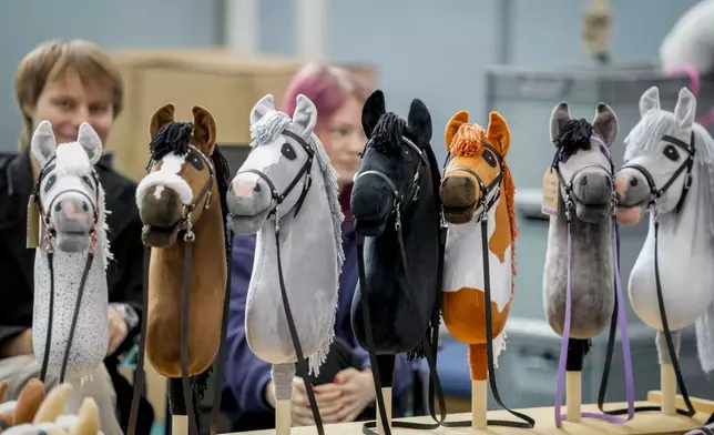 A vendor offers hobby horses for sale at the first German Hobby Horsing Championship in Frankfurt, Germany, Saturday, Sept. 14, 2024. (AP Photo/Michael Probst)