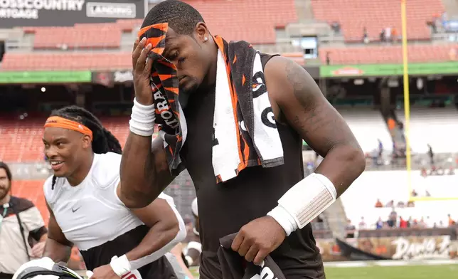 Cleveland Browns quarterback Deshaun Watson reacts after an NFL football game against the New York Giants Sunday, Sept. 22, 2024 in Cleveland. (AP Photo/Sue Ogrocki)