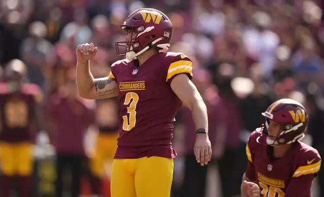 Washington Commanders place kicker Austin Seibert (3) celebrates his field goal against the New York Giants during the second half of an NFL football game in Landover, Md., Sunday, Sept. 15, 2024. (AP Photo/Matt Slocum)