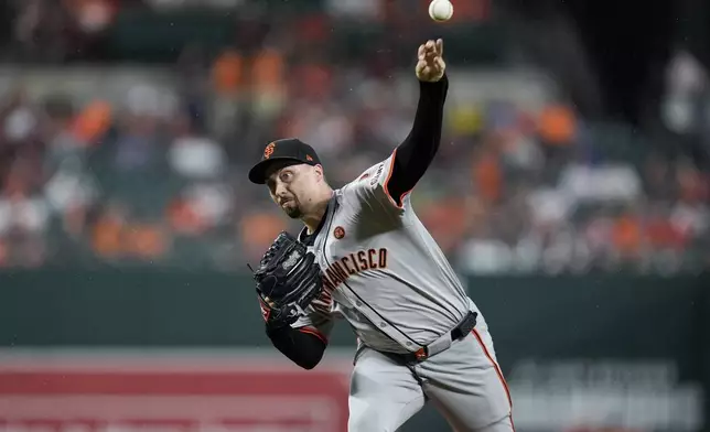 San Francisco Giants starting pitcher Blake Snell delivers during the first inning of a baseball game against the Baltimore Orioles, Tuesday, Sept. 17, 2024, in Baltimore. (AP Photo/Stephanie Scarbrough)