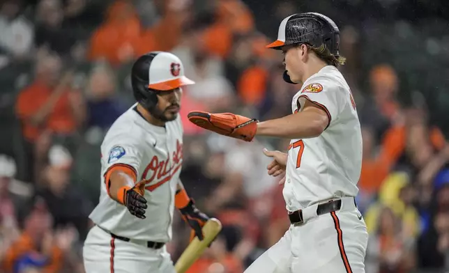 Baltimore Orioles' Jackson Holliday (7) celebrates with Anthony Santander, left, after scoring on a groundout hit in by Cedric Mullins during the third inning of a baseball game against the San Francisco Giants, Wednesday, Sept. 18, 2024, in Baltimore. (AP Photo/Stephanie Scarbrough)