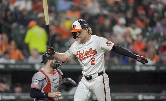 Baltimore Orioles' Gunnar Henderson (2) reacts after striking out on a foul tip during the third inning of a baseball game against the San Francisco Giants, Wednesday, Sept. 18, 2024, in Baltimore. (AP Photo/Stephanie Scarbrough)