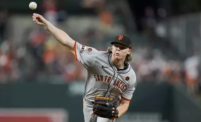 San Francisco Giants starting pitcher Hayden Birdsong delivers during the first inning of a baseball game against the Baltimore Orioles, Wednesday, Sept. 18, 2024, in Baltimore. (AP Photo/Stephanie Scarbrough)