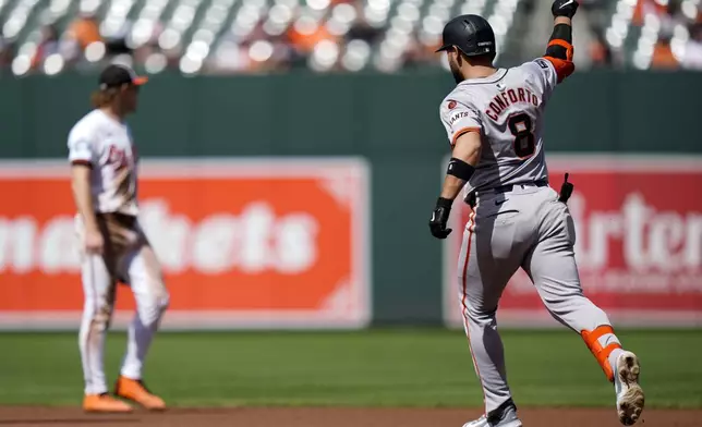 San Francisco Giants' Michael Conforto (8) rounds the bases after hitting a home run during the fourth inning of a baseball game against the Baltimore Orioles, Thursday, Sept. 19, 2024, in Baltimore. (AP Photo/Stephanie Scarbrough)